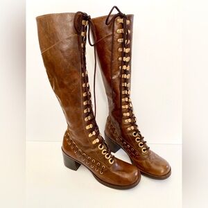-sold- Vintage 1970s Leather Lace Up Campus Zodiac Tall Boots